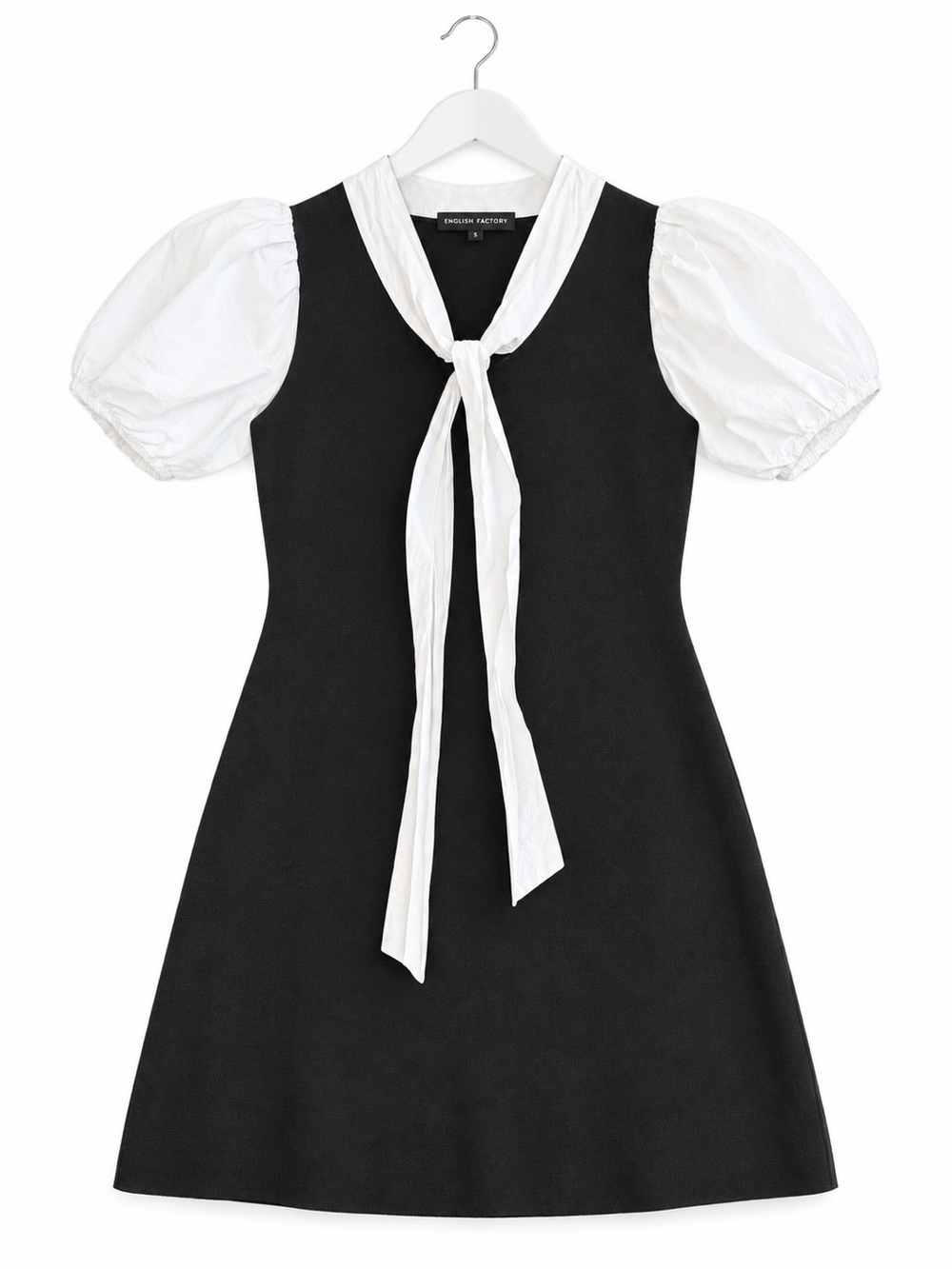 English Factory Black Knit White Puff Sleeve Tie Neck Mini Dress S